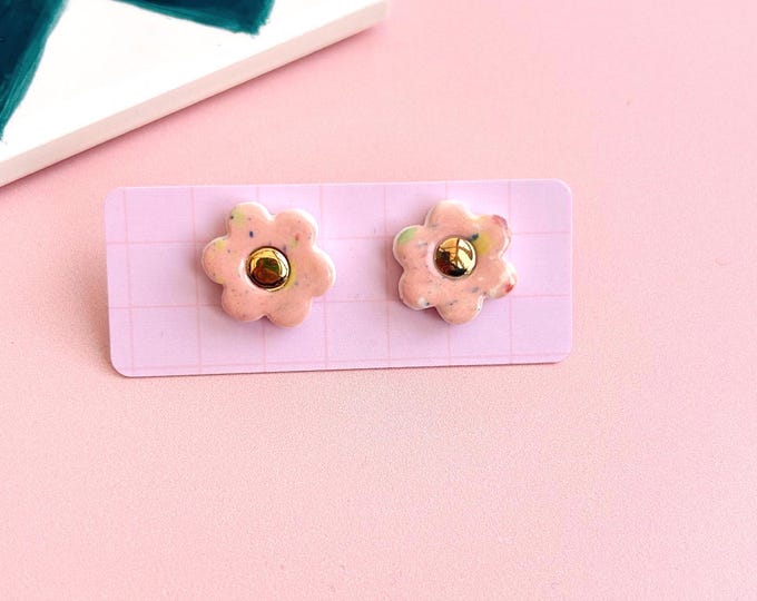 Hand-Painted ceramic Flower Stud Earrings with Gold Lustre and Sterling Silver Posts