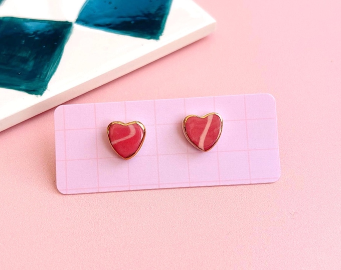 Hand-Painted Ceramic Heart Stud Earrings with Gold Lustre