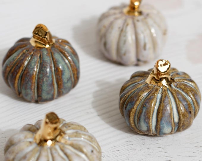 Mini Handmade Ceramic Pumpkin: Gold Lustre Stem, New Glazes