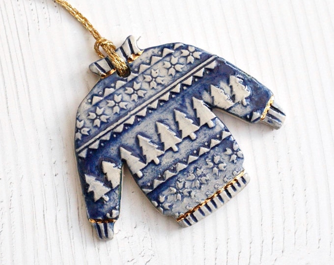 Christmas Tree Ornament with Blue Glaze - Festive Jumper Design