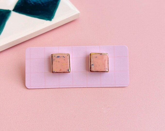 Hand-Painted Ceramic Square Stud Earrings with Gold Lustre