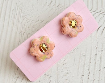 Hand-Painted Porcelain Flower Stud Earrings with Gold Lustre