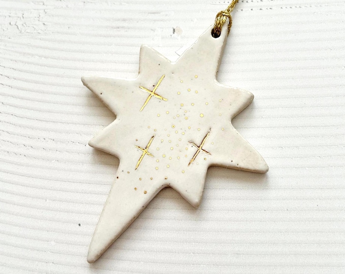 Handcrafted Ceramic Star Hanging Tree Ornament - Christmas Decoration with Genuine Gold Lustre Detail