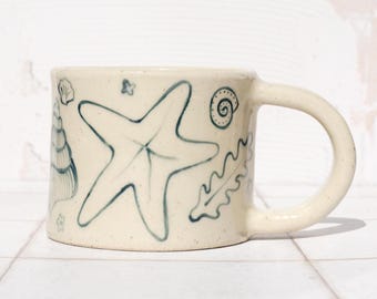 Hand Painted Sea Shell Ceramic Mug: 310ml Handmade Stoneware Beach Coffee Cup