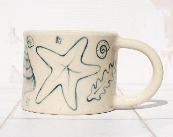 Hand Painted Sea Shell Ceramic Mug: 310ml Handmade Stoneware Beach Coffee Cup