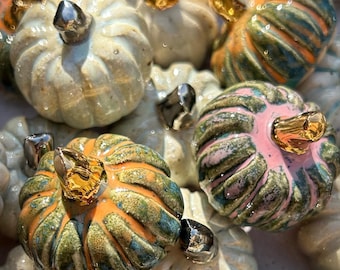 Mini Handmade Ceramic Pumpkin: Gold or Platinum Lustre Stem, various colours