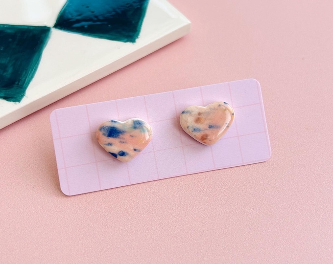 Hand-Painted Ceramic Heart Stud Earrings