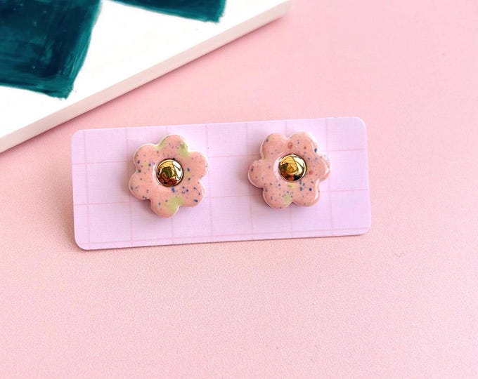 Hand-Painted ceramic Flower Stud Earrings with Gold Lustre and Sterling Silver Posts