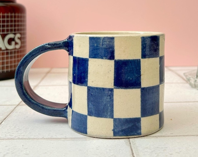 Made to order Chequered Mug, Blue and Clear Glaze