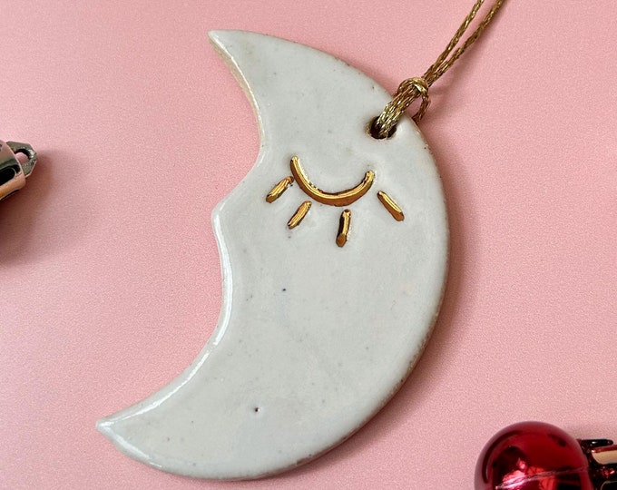 Ceramic Hanging Moon Decoration - Gold Lustre Eye with White Glaze