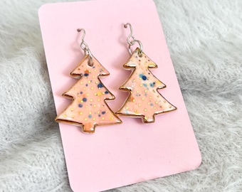 Handmade Ceramic Christmas Tree Earrings, Pink with colourful flecks and gold lustre, Sterling Silver hooks