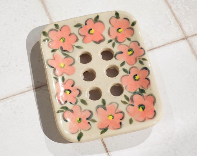 Handmade Ceramic Soap Dish: Floral Painted Pottery, Speckled Stoneware Clay with Drainage