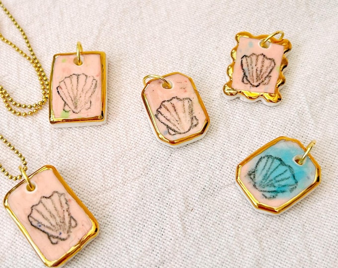 Handmade Porcelain Pendant - Hand drawn Sea Shell- Genuine Gold Lustre (one pendant only)
