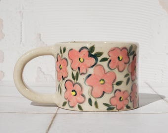 Handmade Small Floral Ceramic Mug: 215ml Stoneware Pottery Coffee Cup