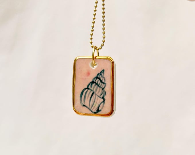 Handmade Porcelain Pendant - Hand Painted Sea Shell- Genuine Gold Lustre  (pendant only)