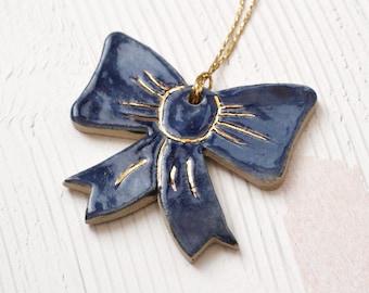 Handmade Ceramic Christmas Bow Ornament: Stoneware Clay Xmas Decor