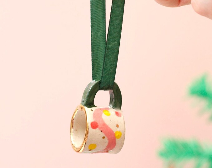 Hand-Painted Mini ceramic mug Ornament with Gold Lustre