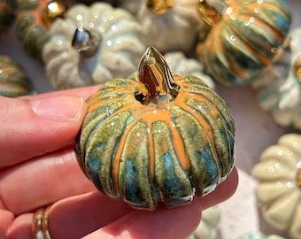 Mini Handmade Ceramic Pumpkin: Gold or Platinum Lustre Stem, various colours