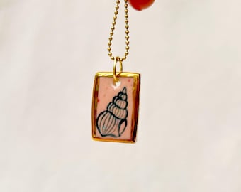 Handmade Porcelain Pendant - Hand Painted Sea Shell- Genuine Gold Lustre  (pendant only)