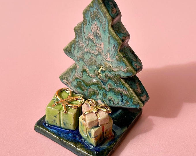 Handcrafted Stoneware Clay Christmas Tree Ornament with Gold-Bowed Presents
