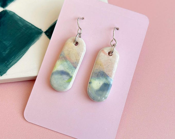 Handmade Ceramic Earrings - Hand Painted Drop Earrings with Sterling Silver Hooks