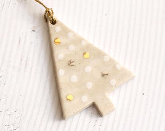 Handmade Ceramic Christmas Tree Ornament: Stoneware Clay Xmas Decor, Gold and Platinum Lustre
