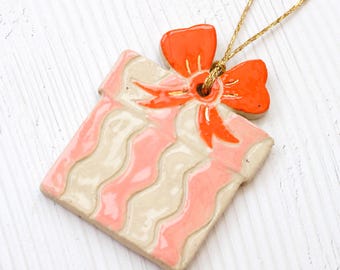 Handmade Ceramic Christmas Present with Bow Ornament: Colorful Stoneware Clay Xmas Decor