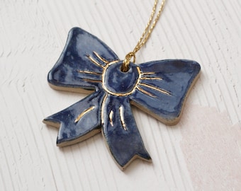 Handmade Ceramic Christmas Bow Ornament: Stoneware Clay Xmas Decor