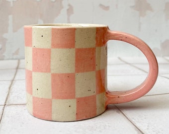 Made to Order Ceramic Chequered Mug with Pink and Clear Glaze