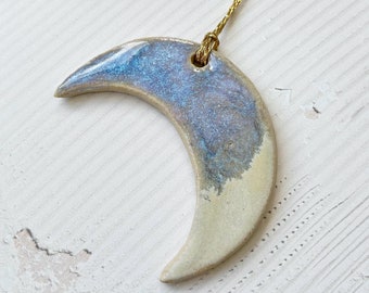 Handmade Ceramic Hanging Moon Decoration - Blue and White Glaze
