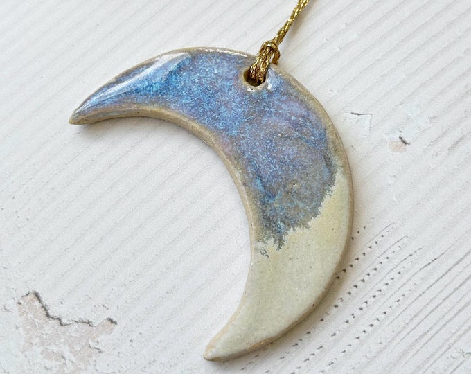 Handmade Ceramic Hanging Moon Decoration - Blue and White Glaze