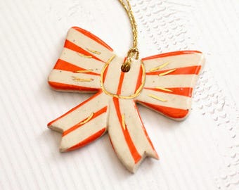 Handmade Ceramic Christmas Bow Ornament: Stoneware Clay Xmas Decor