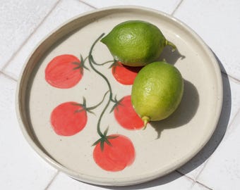Hand painted tomatoes stoneware plate - Slab built hand made tomato pottery dish