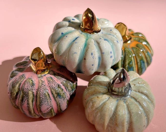 Featured listing image: Mini Handmade Ceramic Pumpkin: Gold or Platinum Lustre Stem, various colours