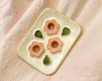 Handmade Ceramic Soap Dish with Pink Flowers and Green Leaves - Drainage Holes and Feet - Stoneware Clay