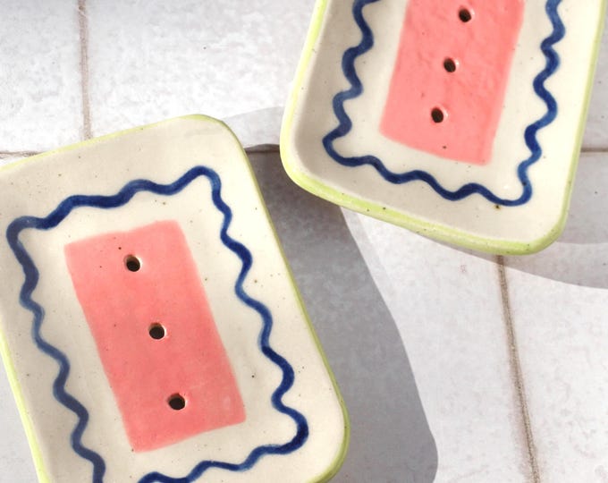 Handmade Ceramic Soap Dish: Fun Abstract Pattern, Speckled Clay with Drainage