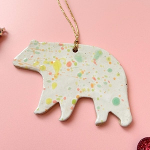 Handmade Speckled Polar Bear Ornament: Stoneware Clay Christmas Decoration