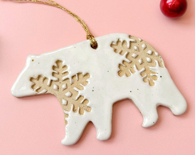 White Speckled Polar Bear Christmas Ornament - Ceramic Tree Decoration with Snowflake Detail