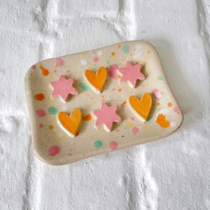 Handmade Ceramic Soap Dish Collaboration with Natalie Lea Owen, Colourful Glaze, Geometric Shapes image 1