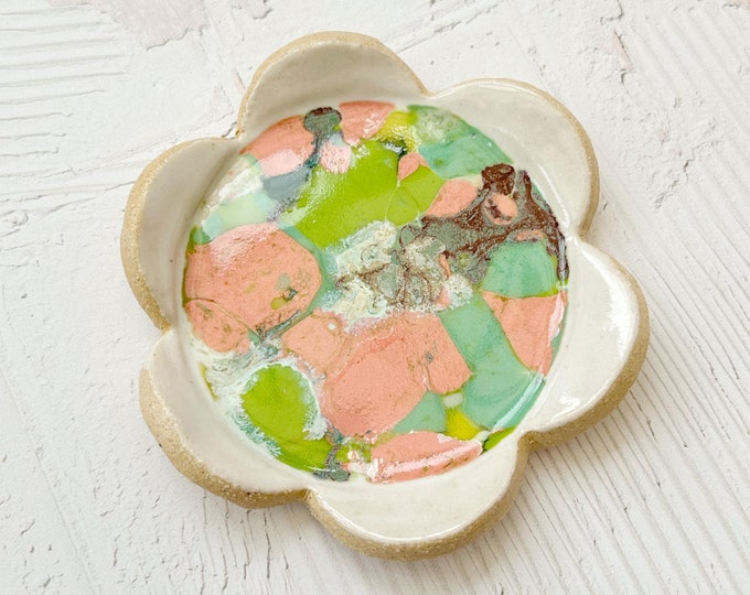 Handmade Ceramic trinket dish, Floral Shape With Colourful Glaze