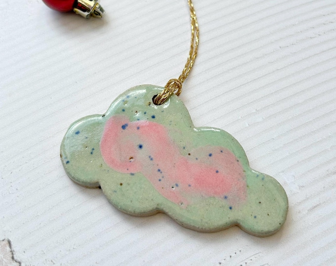 Ceramic cloud hanging tree ornament, blue and pink speckled glaze