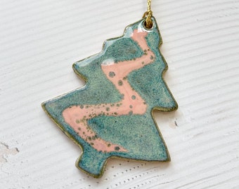Tree Shape Christmas Decoration - Speckled Green/Pink Glaze