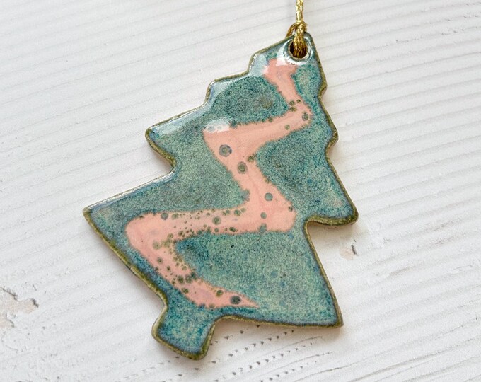 Tree Shape Christmas Decoration - Speckled Green/Pink Glaze