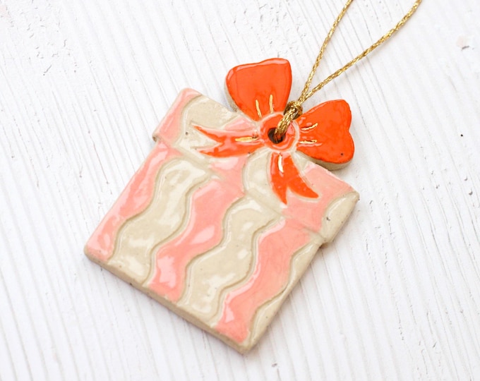 Handmade Ceramic Christmas Present with Bow Ornament: Colorful Stoneware Clay Xmas Decor