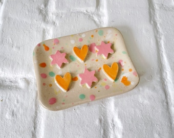 Handmade Ceramic Soap Dish Collaboration with Natalie Lea Owen, Colourful Glaze, Geometric Shapes