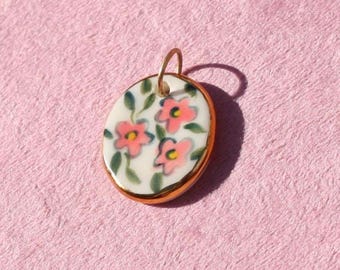 Handmade Pink Floral Porcelain Pendant: Gold Luster Ceramic
