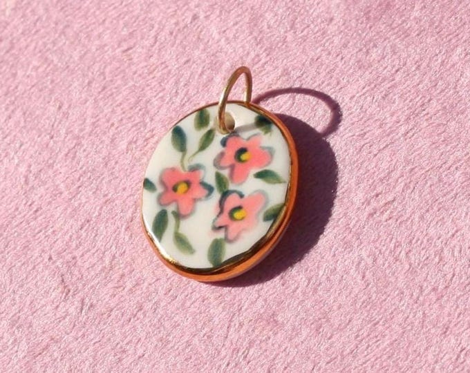Handmade Pink Floral Porcelain Pendant: Gold Luster Ceramic