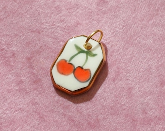 Handmade Ceramic Cherry Pendant: Gold Lustre Porcelain