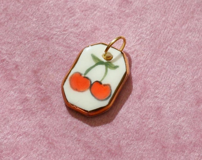 Handmade Ceramic Cherry Pendant: Gold Lustre Porcelain