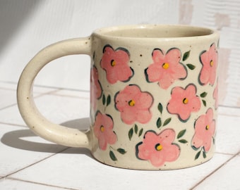 Stoneware Ceramic Mug with Hand Painted Floral Pattern